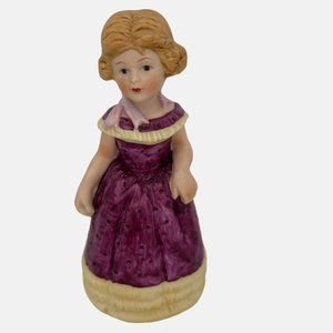 Vintage 1980 Enesco Figural Bell Girl w/ Purple Dress Bisque Porcelain Taiwan 5"